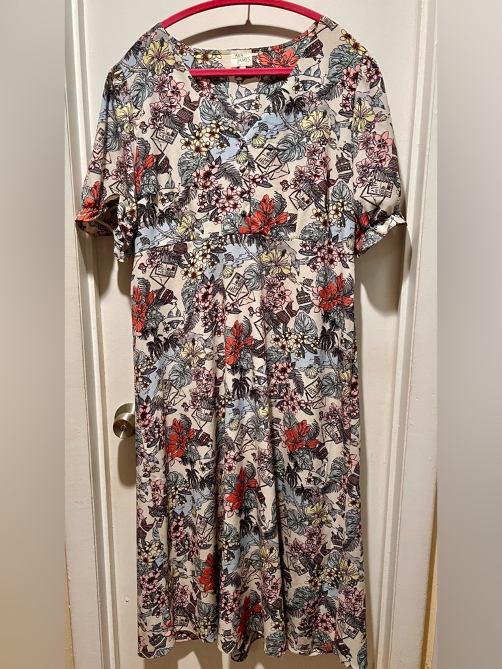 Ava James Floral Vintage-Inspired Midi Dress with Tropical Print, L